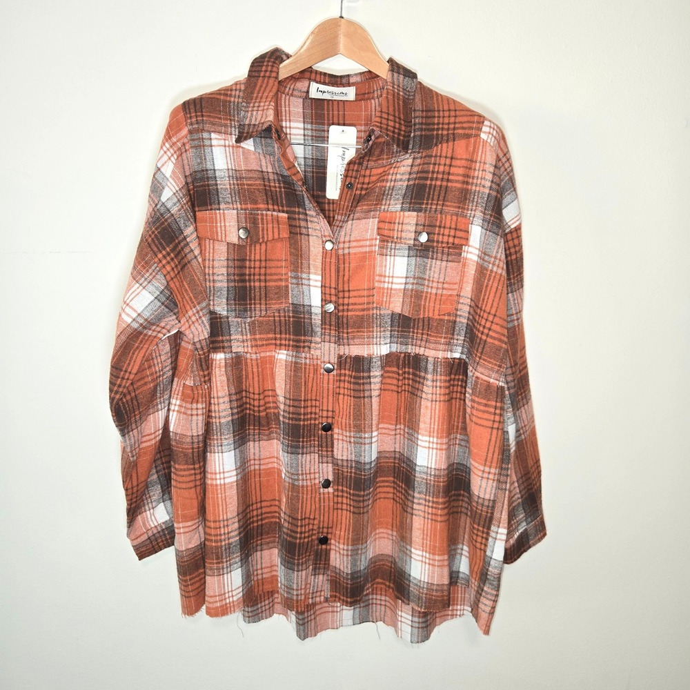Impressions Plaid Shirt Womens 1X Orange Brown Babydoll Snap Front Frayed Hem